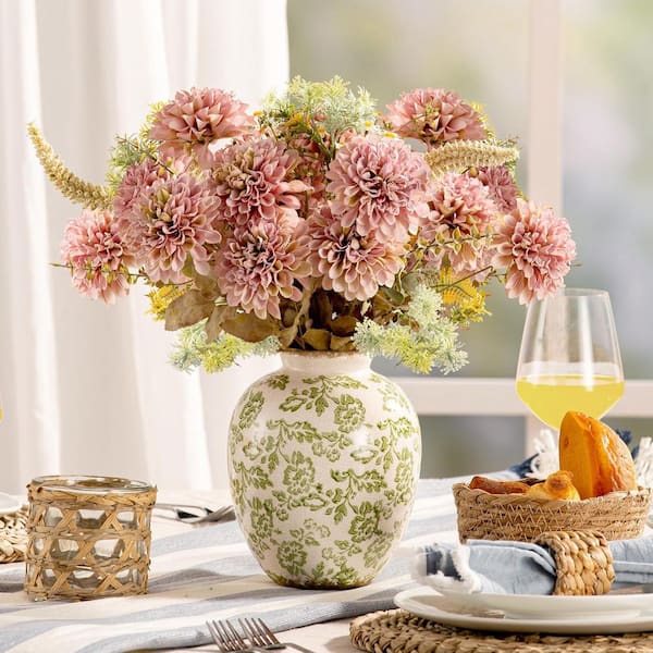 7.9 in. Green Round Ceramic Retro Floral Vases Rustic Decorative Vase LS1V4PR