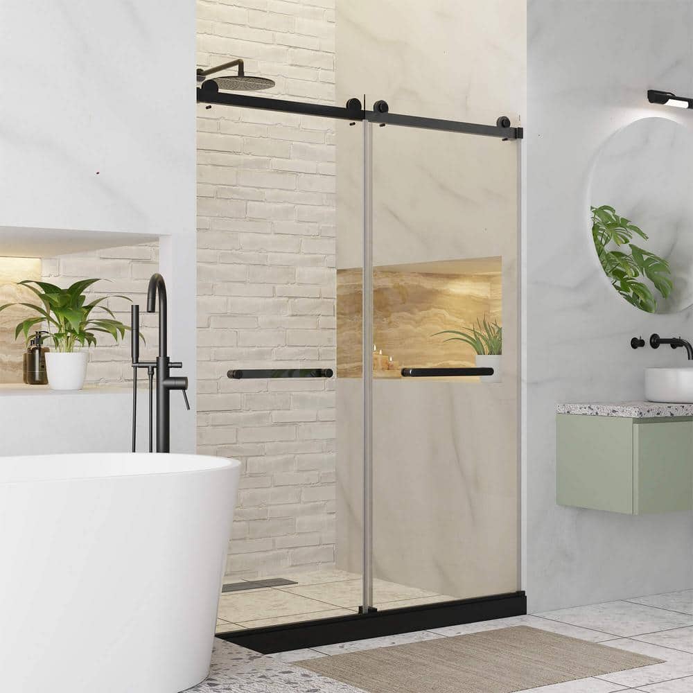 48'' W x 80'' H Black Frameless Double Sliding Shower Door
