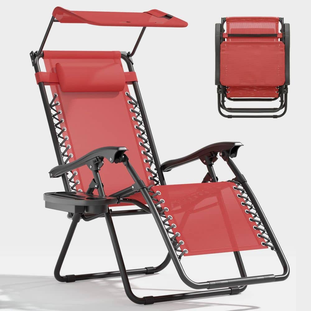 Patio Recliner Zero Gravity Chair with Cup Holding Tray and Canopy Sun Shade Metal Outdoor Recliner with Maroon Cushion price history on PriceWatchPro