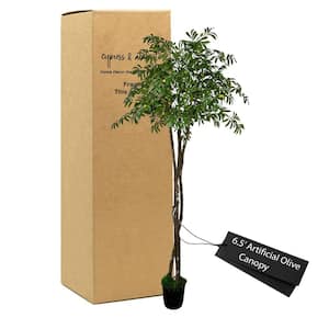 Handmade 6 .5 ft. Artificial Olive Canopy Tree in Home Basics Plastic Pot Made with Real Wood and Moss Accents