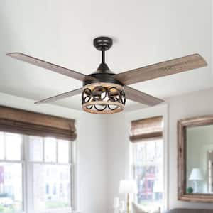 52 in. Industrial Indoor Matte Black Cage Ceiling Fan with Light Kit and Remote Control
