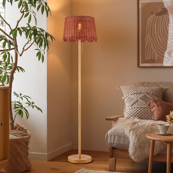 62.5 in. Faux Wood Farmhouse 1-Light Standard Floor Lamp with Rattan Shade for Living Room