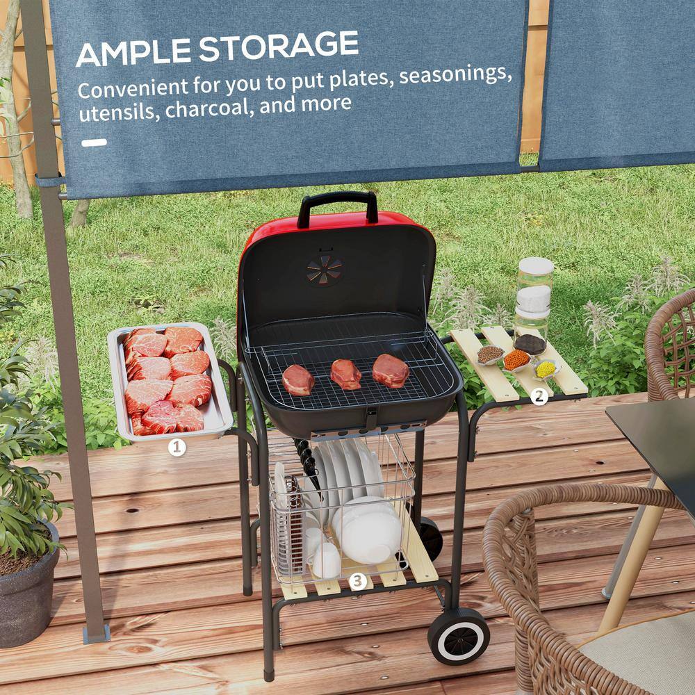 17" Red Portable Charcoal Grill with Folding Shelves