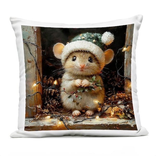 Barn Mouse with Christmas Lights Green Square Outdoor Throw Pillow