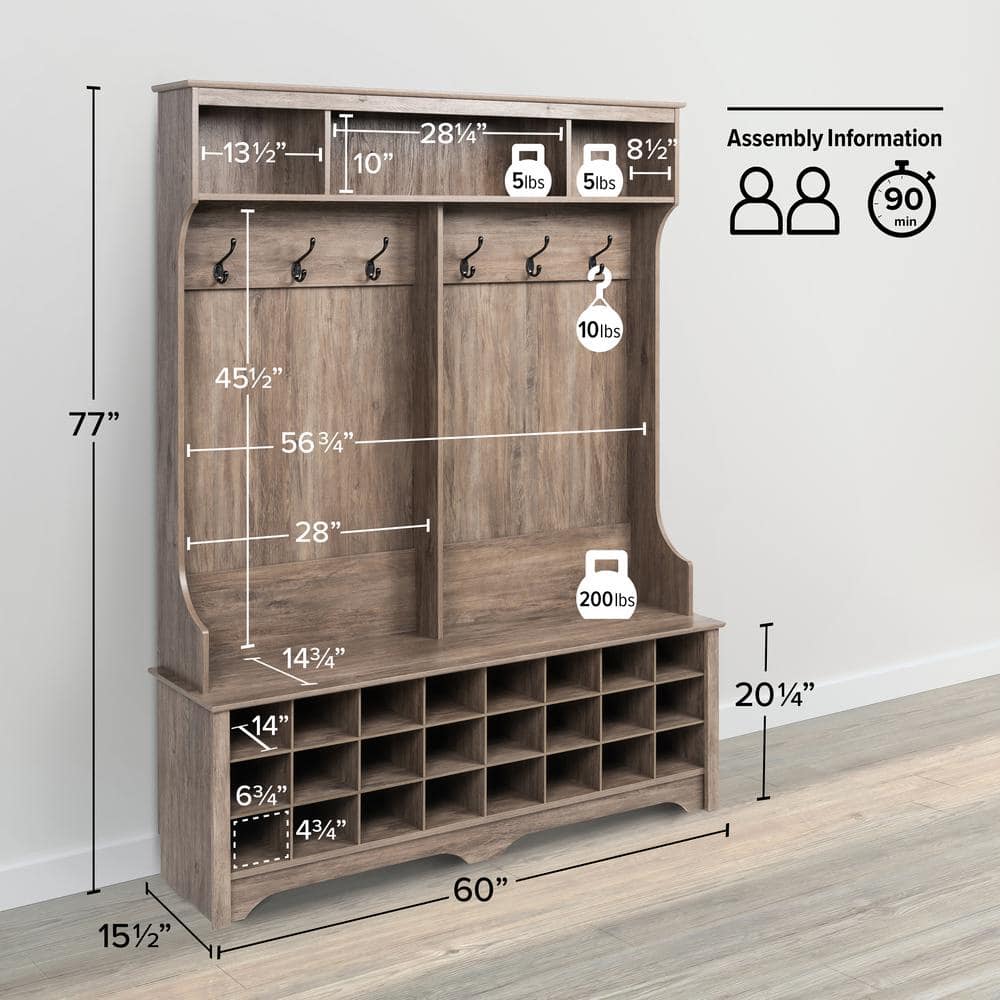 Drifted Gray Hall Tree with 24 Shoe Cubbies and Coat Hooks