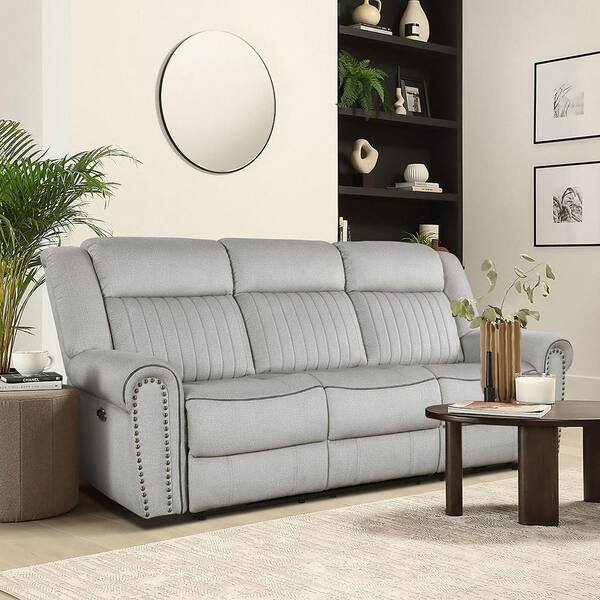 Lazzara Abington 89 in. W Rolled Arm Microfiber Rectangle Power Double Reclining Sofa in. Mist