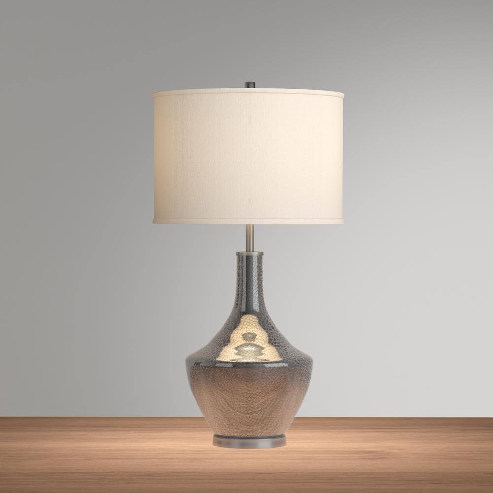 Silver Crackle Glass Nightstand Lamp with White Barrel Shade