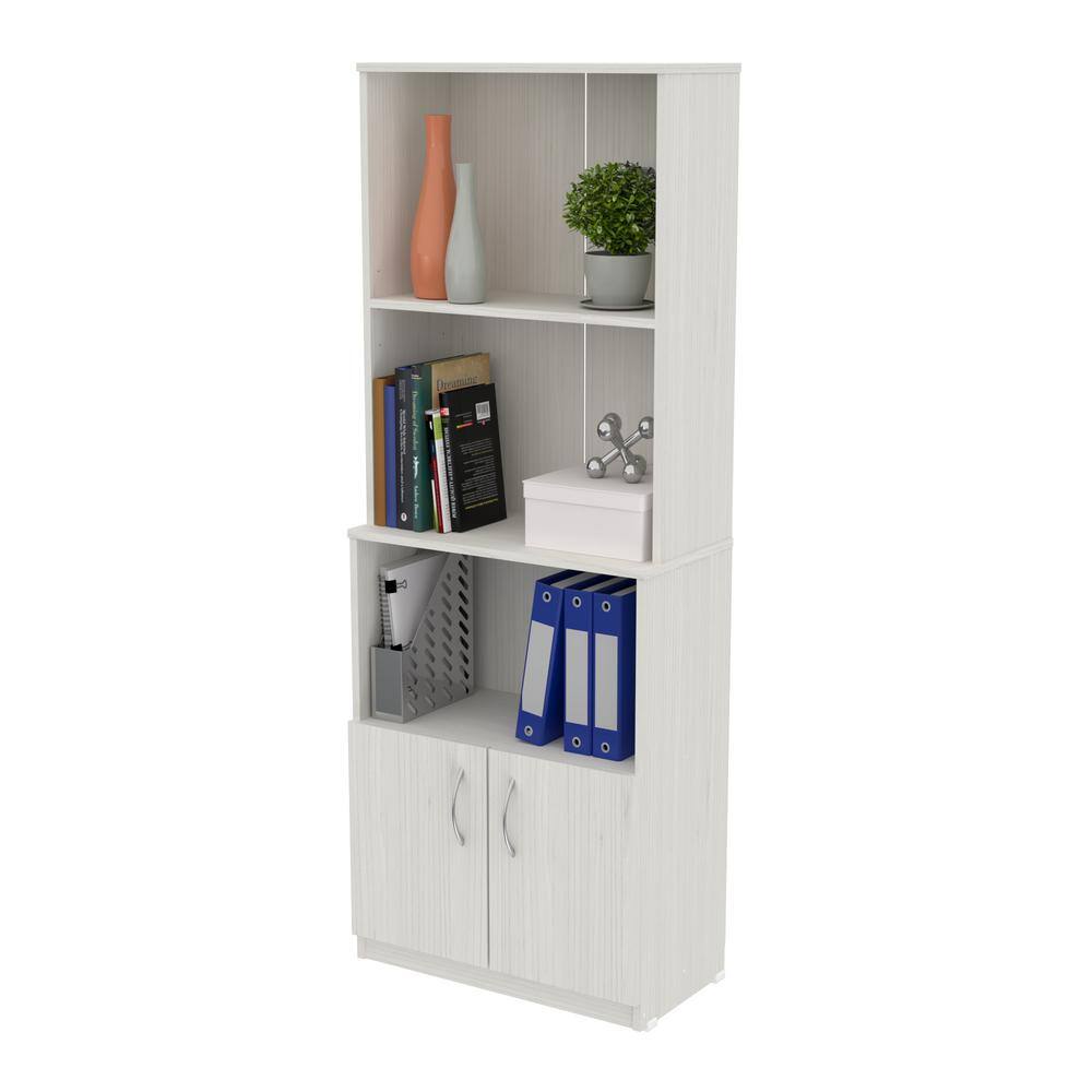 White Oak Adjustable Bookshelf with Cabinet and Metal Handles