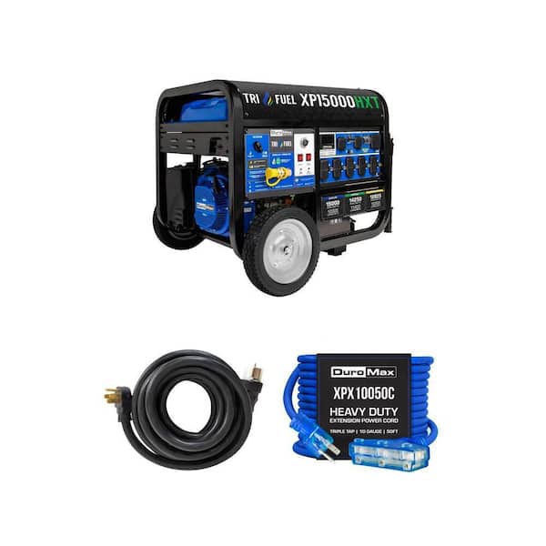 15,000/12,000-Watt Tri-Fuel Generator with CO Alert, 25 ft. 50 Amp Power Cord and 50 ft. 10/3 Extension Cord Combo