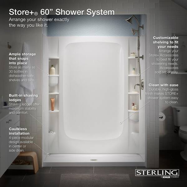 Sterling Store 60 In X 75 3 4 In 1 Piece Direct To Stud Alcove Shower Wall In White 0 The Home Depot