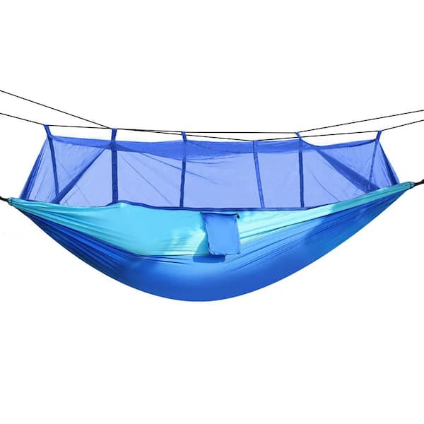 Unbranded 8.5 ft. 2-Person Portable Fabric Hammock, 600 lbs. Max Load Nylon Hanging Bed with Mosquito Net Storage Bag in Blue