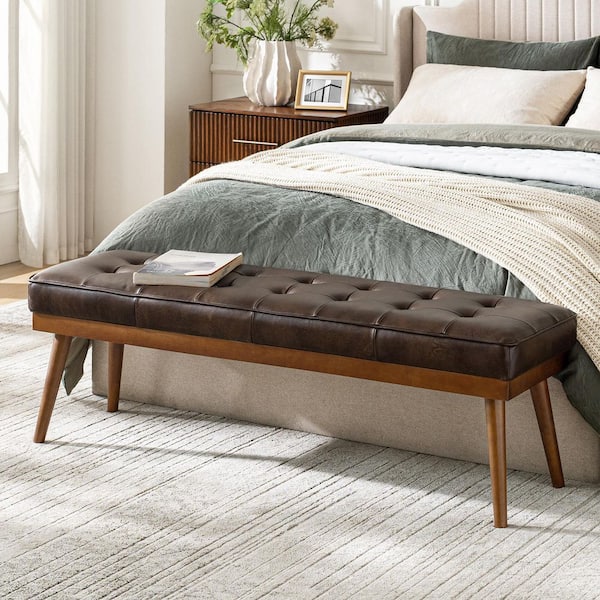 Paula Chocolate 55.5 in. Wide Genuine Leather Bedroom Bench with Solid Wood Base