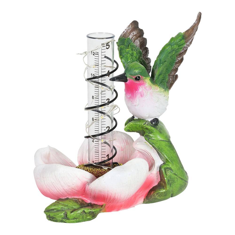 Solar Pink Flower and Hummingbird Garden Rain Gauge with LED Lights