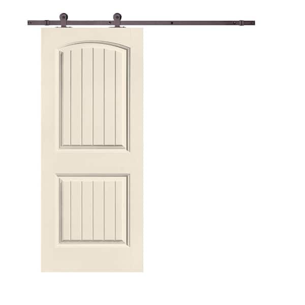 CALHOME Elegant Series 30 in. x 80 in. Beige Stained Composite MDF 2 Panel Camber Top Sliding Barn Door with Hardware Kit