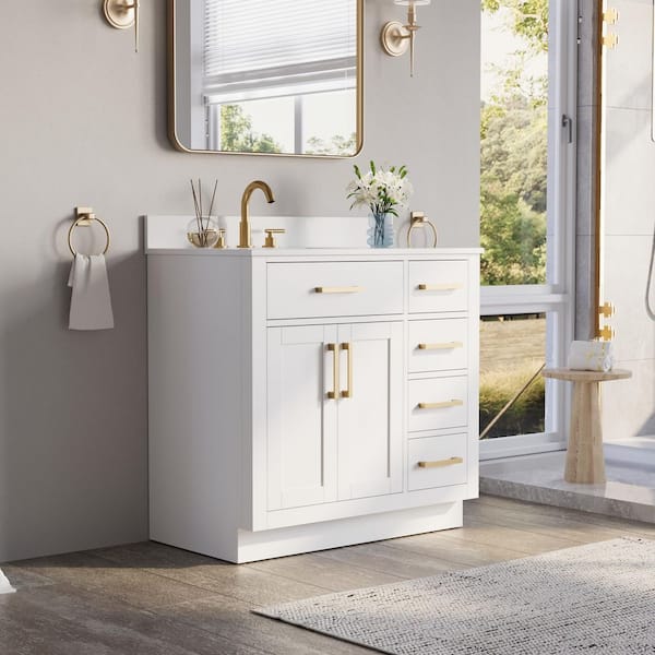 36 in. Single Sink Freestanding Solid Wood Bath Vanity in White with White Quartz Top, Soft-Close, Full Assembled