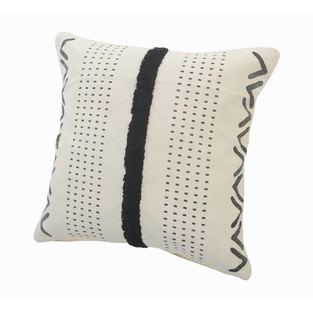 20" Black and Cream Cotton Tufted Throw Pillow