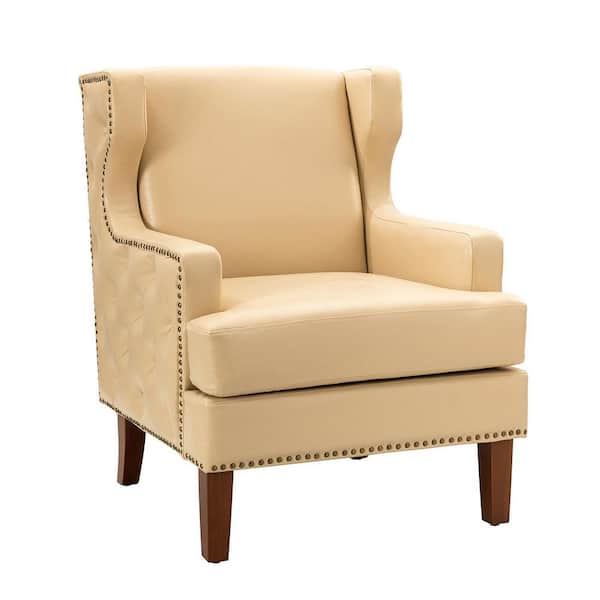 JAYDEN CREATION Enrico Beige Vegan Leather Armchair with Solid Wood Legs