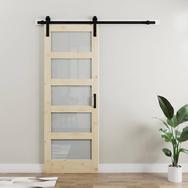 30 in. x 84 in. 5-Lite Tempered Frosted Glass and Solid Pine Wood Unfinished Barn Door Slab with Hardware Kit
