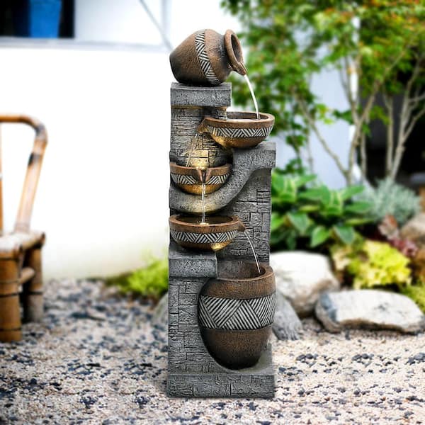 Watnature 42.5 in. Resin Outdoor Fountain, 5 Urns Wall Textured
