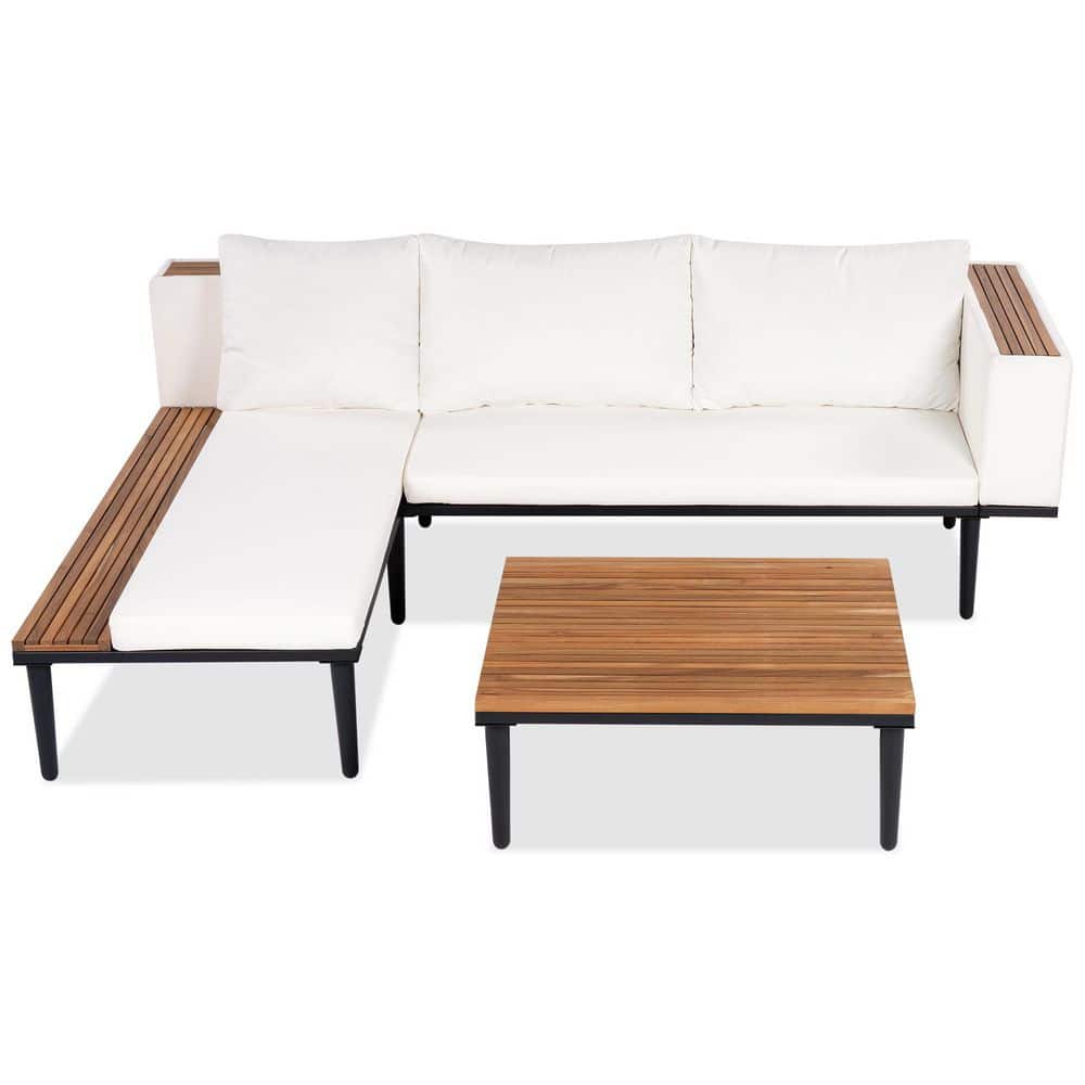 Acacia Wood Outdoor Sectional Set with Beige Cushions, Patio Conversation Sectional Sofa for Backyard Porch and Poolside price history on PriceWatchPro