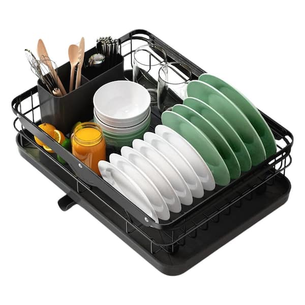 12.2x15.7-23in Sink Organization Dish Drying Rack for Kitchen Counter with Cutlery Holder in Black