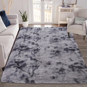 Polyester Faux Fur Tie-Dyed Dark Grey 8 ft. x 10 ft. Solid Fluffy Area Rug