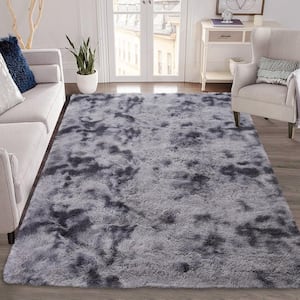 Polyester Faux Fur Tie-Dyed Dark Grey 6 ft. x 9 ft. Solid Fluffy Area Rug