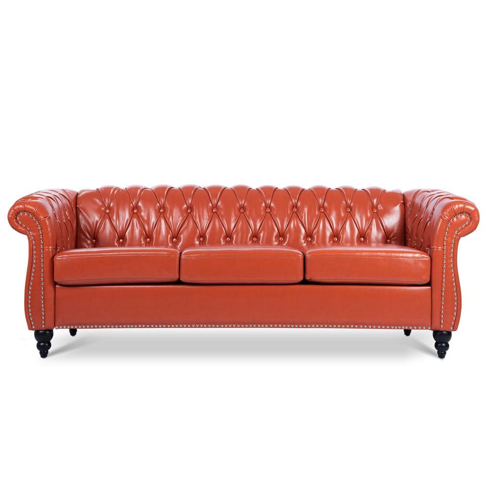 Chesterfield 84.65 in. W Rolled Arm PU Straight 3-Seat Sofa with Pocket Springs in Orange