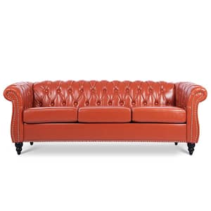 Chesterfield 84.65 in. W Rolled Arm PU Straight 3-Seat Sofa with Pocket Springs in Orange