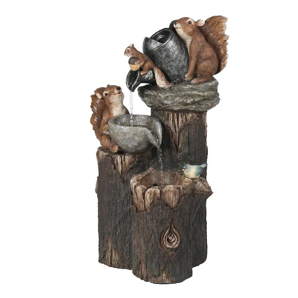 LuxenHome Polyresin Squirrels on Posts Outdoor Cascade Fountain with LED Light