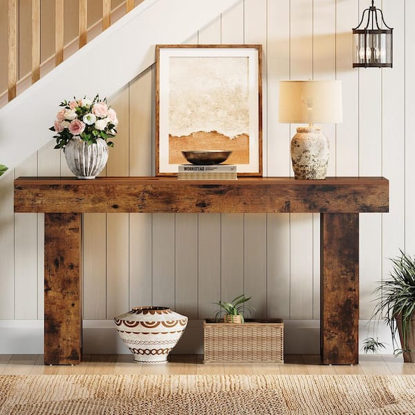 BYBLIGHT Turrella 63 in. Rectangle Farmhouse Entryway Table, Wood Console Table Behind Couch Table for Entrance, Rustic Brown