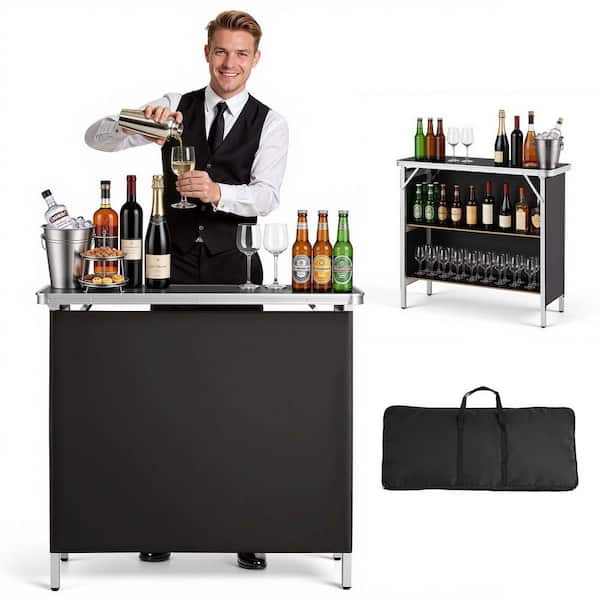 Folding Portable Bar Table, 38.6 x 15.2 x 34.3 in., with Carry Bag Storage Shelf and Detachable Skirt, Easy Setup