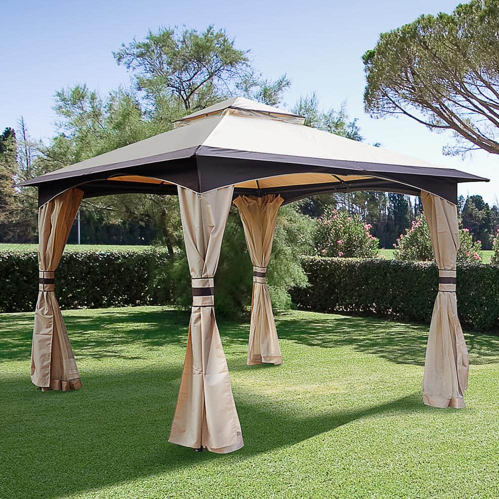 Beige and Brown Steel Frame Outdoor Gazebo with Mesh Curtains