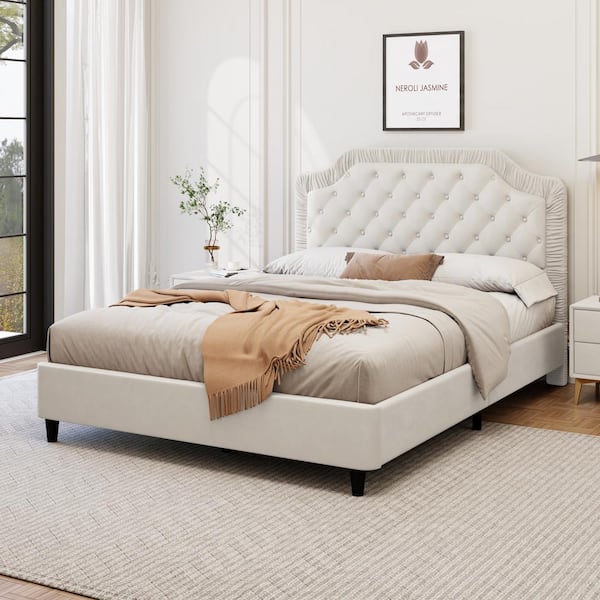 Harper & Bright Designs White Wood and Metal Frame King Size Ruched and Button Tufted Design Upholstered Velvet Platform Bed