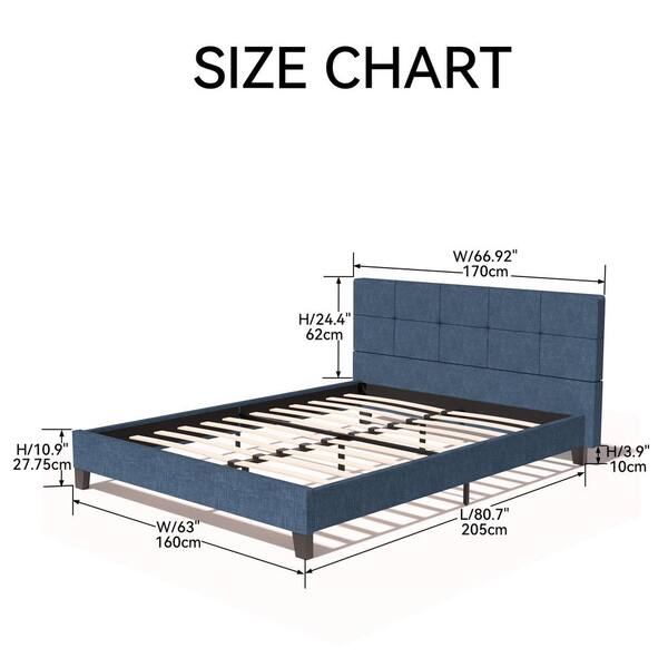 Upholstered Linen Queen Platform Bed, Double Bed Headboard Size In Mm