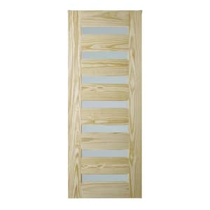 37 in. x 84 in. Milan Unfinished 7-Lite Clear Pine with Frosted Tempered Glass Inserts Interior Barn Door Slab