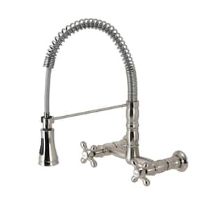 Heritage Double Handle Wall Mount Pull Down Sprayer Kitchen Faucet in Brushed Nickel