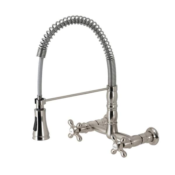 Kingston Brass Heritage Double Handle Wall Mount Pull Down Sprayer Kitchen Faucet in Brushed Nickel