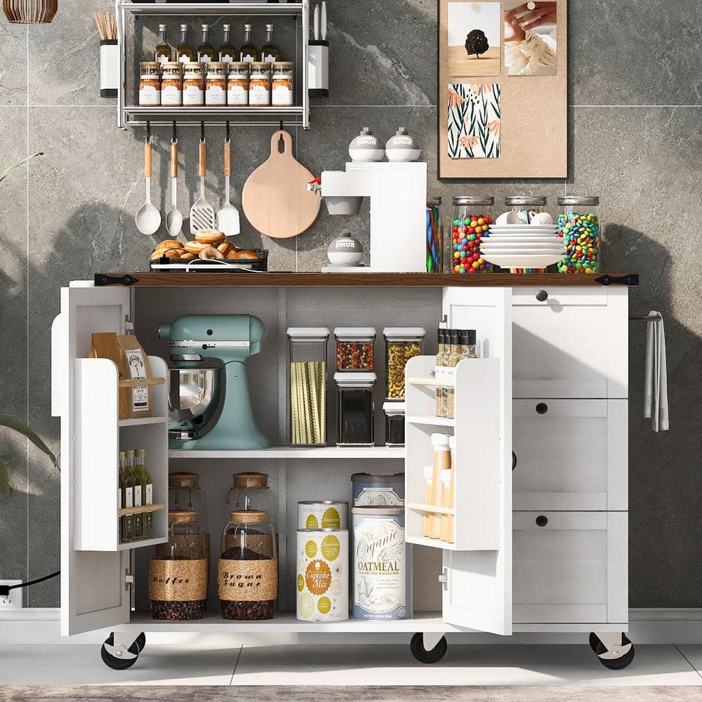 White Wood Kitchen Cart with Power Outlet, Kitchen Island with Drop Leaf, S