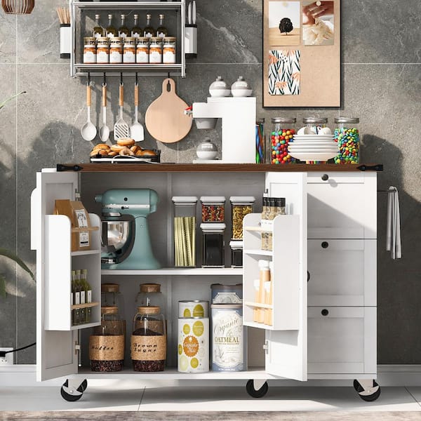 Unbranded White Wood Kitchen Cart with Power Outlet, Kitchen Island with Drop Leaf, Spice Rack, Drawer and Storage Rack