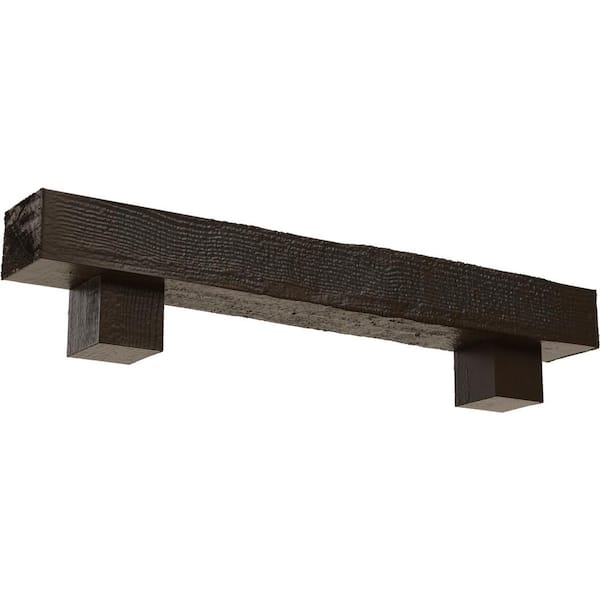 Ekena Millwork 8 in. x 8 in. x 6 ft. Rough Sawn Faux Wood Fireplace Mantel Kit, Alamo Corbels, Burnished Mahogany