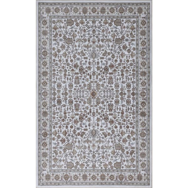 Subtlety Medallion All-Over Floral Border Non-Slip Machine-Washable Beige/Ivory 4 ft. x 6 ft. Area Rug