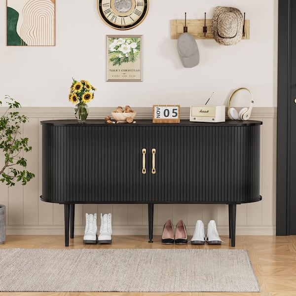 VEIKOUS 55 in. Sideboard Buffet Accent Cabinet with Sliding Tambour Door, Shelves, and Curved Side Cabinet in Black