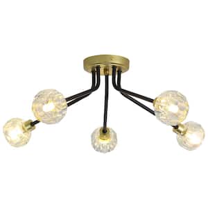 22.16 in. 5-Light Black and Spray Gold Sputnik Semi-Flush Mount Lighting with No Bulbs Included
