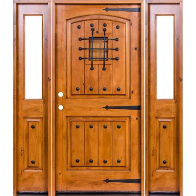 64 in. x 80 in. Mediterranean Alder Arch Top Clear Low-E Unfinished Wood Right-Hand Prehung Front Door/Half Sidelites