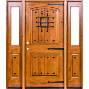 64 in. x 96 in. Mediterranean Knotty Alder Arch Unfinished Right-Hand Inswing Prehung Front Door with Half Sidelites
