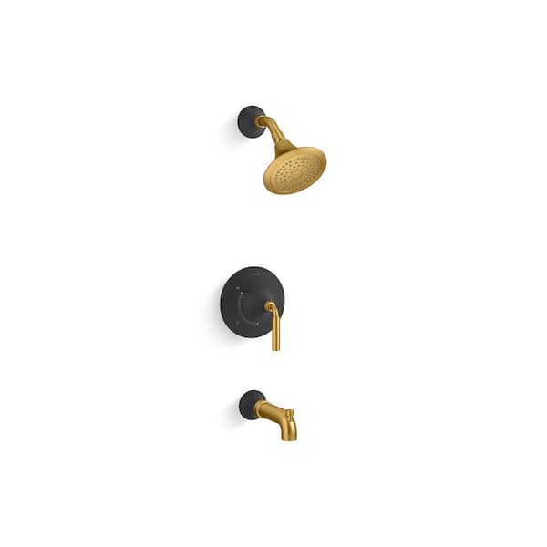 KOHLER Tone 1-Handle Tub and Shower Faucet Trim Kit with 1.75 GPM in Matte Black with Moderne Brass (Valve Not Included)