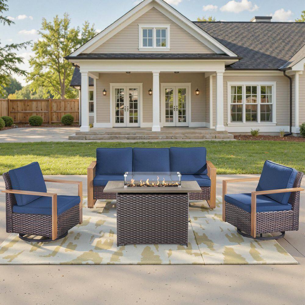 Kove Brown Wicker 4-Piece Patio Conversation Set Outdoor Sectional Seating Set with Firepit Table and Blue Cushion price history on PriceWatchPro