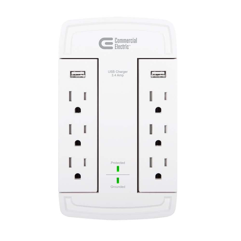 6-Outlet Wall Mounted Swivel Surge Protector with USB, White