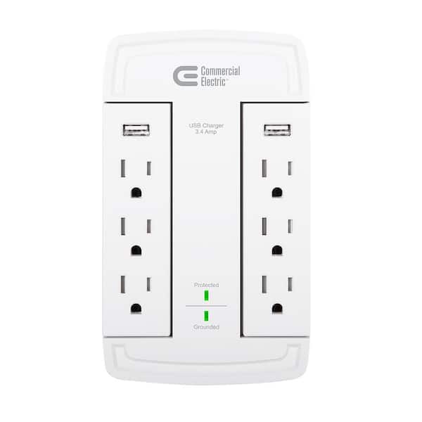 Commercial Electric 6-Outlet Wall Mounted Swivel Surge Protector with USB, White